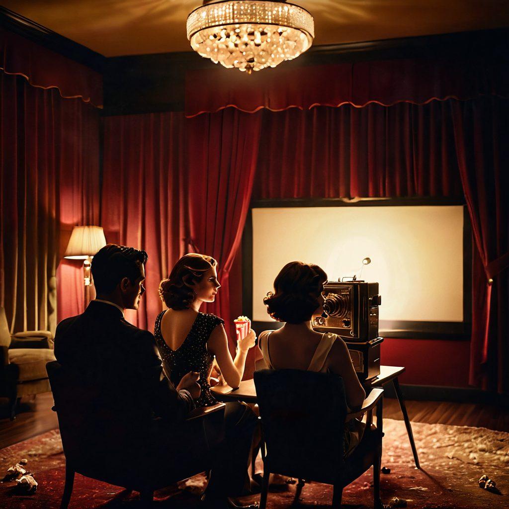 A cinematic still showcasing a stylish vintage projector casting vivid scenes from classic adult movie trailers, surrounded by elegant decor reminiscent of a luxurious old cinema. Soft, moody lighting highlights silhouettes of a couple engaged in a flirtatious conversation, with film reels and popcorn scattered around. The background features a velvet curtain and a vintage film poster. super-realistic. muted colors. cinematic ambiance.