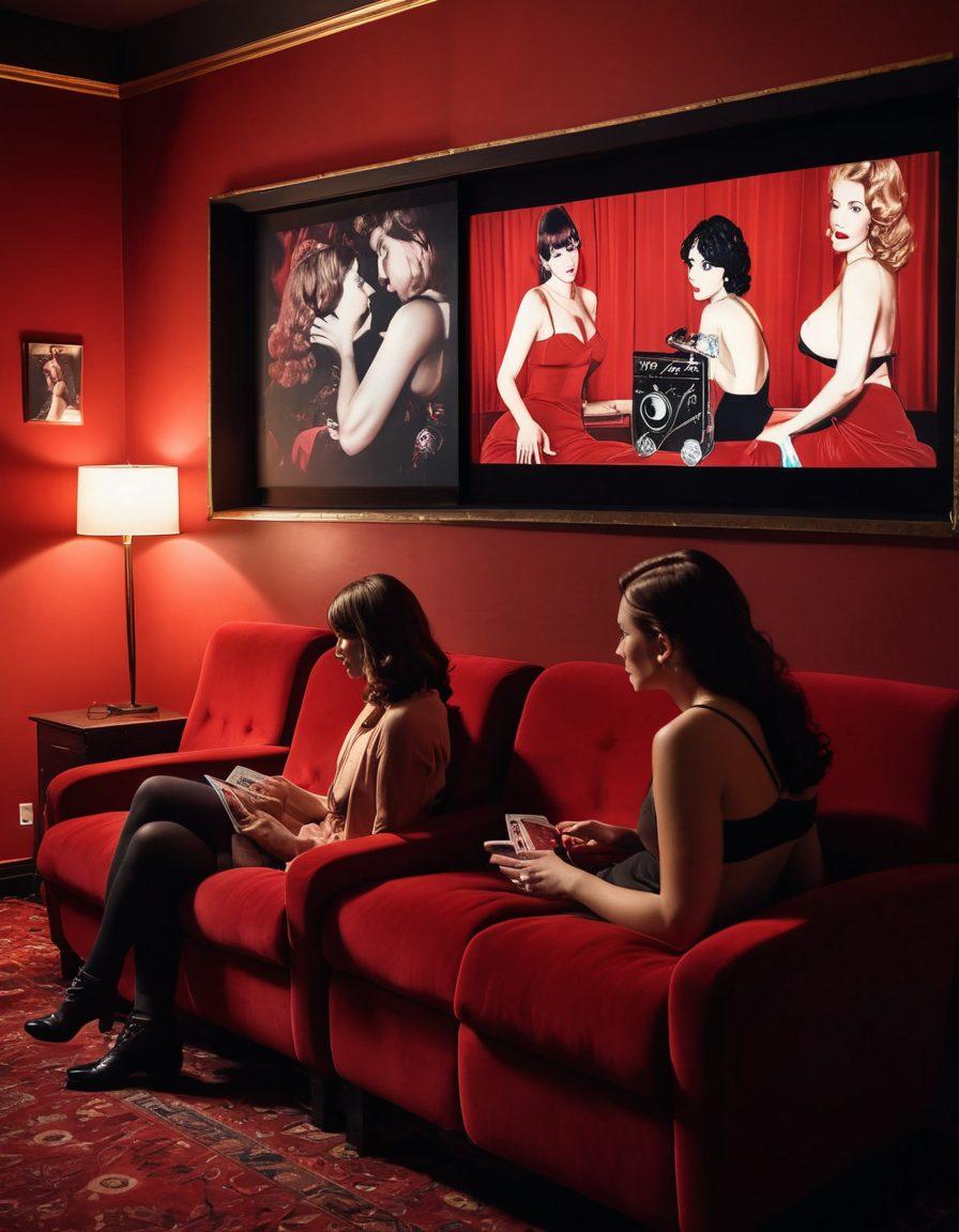 A dimly lit, cozy movie theater with plush red velvet seats and a large screen displaying a soft-focus film reel. In the foreground, silhouettes of a couple leaning closer together, embodying passion and curiosity. Decorative film reels and vintage posters adorning the walls add to the erotic cinema ambiance. The overall atmosphere is intimate and inviting, inviting viewers to explore the world of adult film. moody lighting. cinematic style. warm tones.